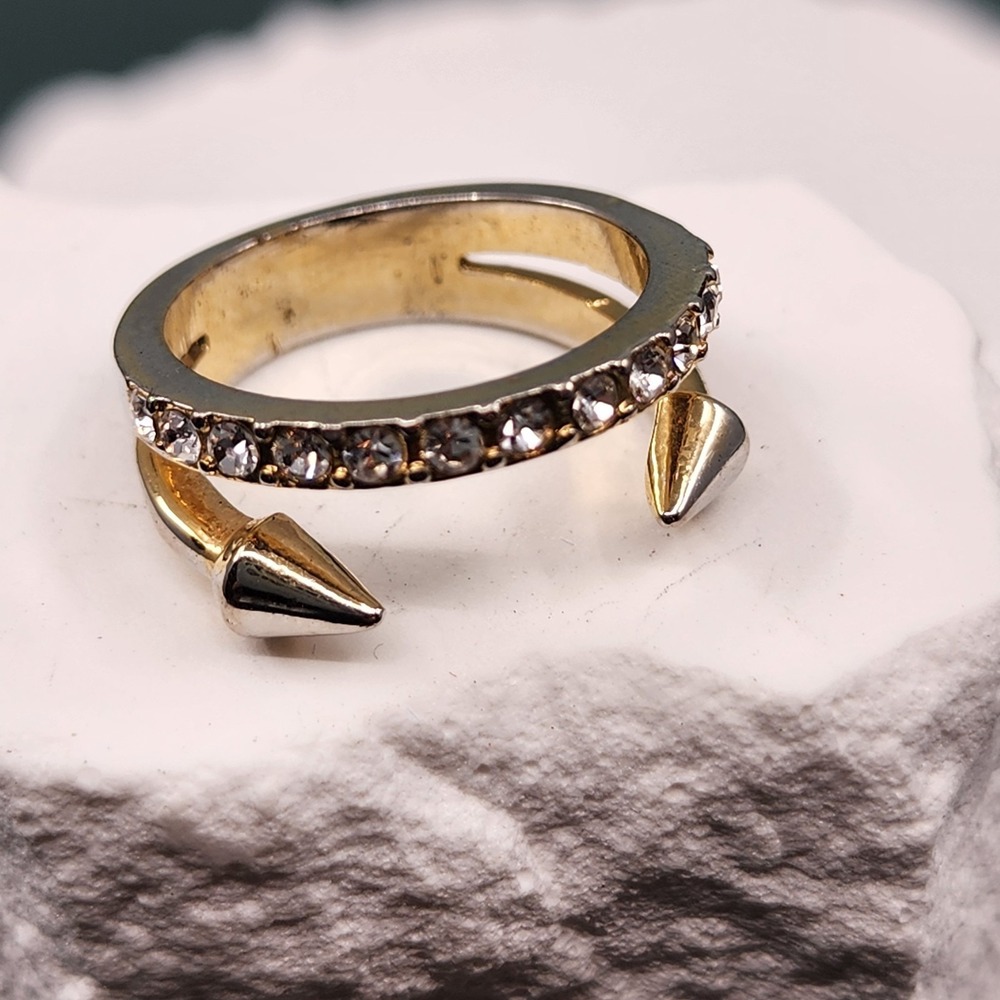 Two Tone Open Cuff Ring Clear Rhinestone Spike Ends Silver Gold Tone Statement